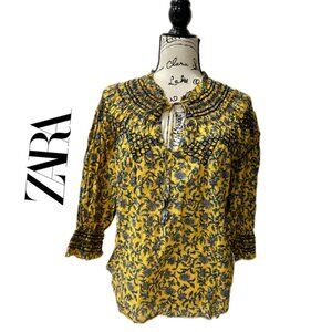 ZARA BLOUSE RUFFLE KEY HOLE NECK PUFF SLEEVES TUCKEBLE SZ S FLORAL BOHO CHIC